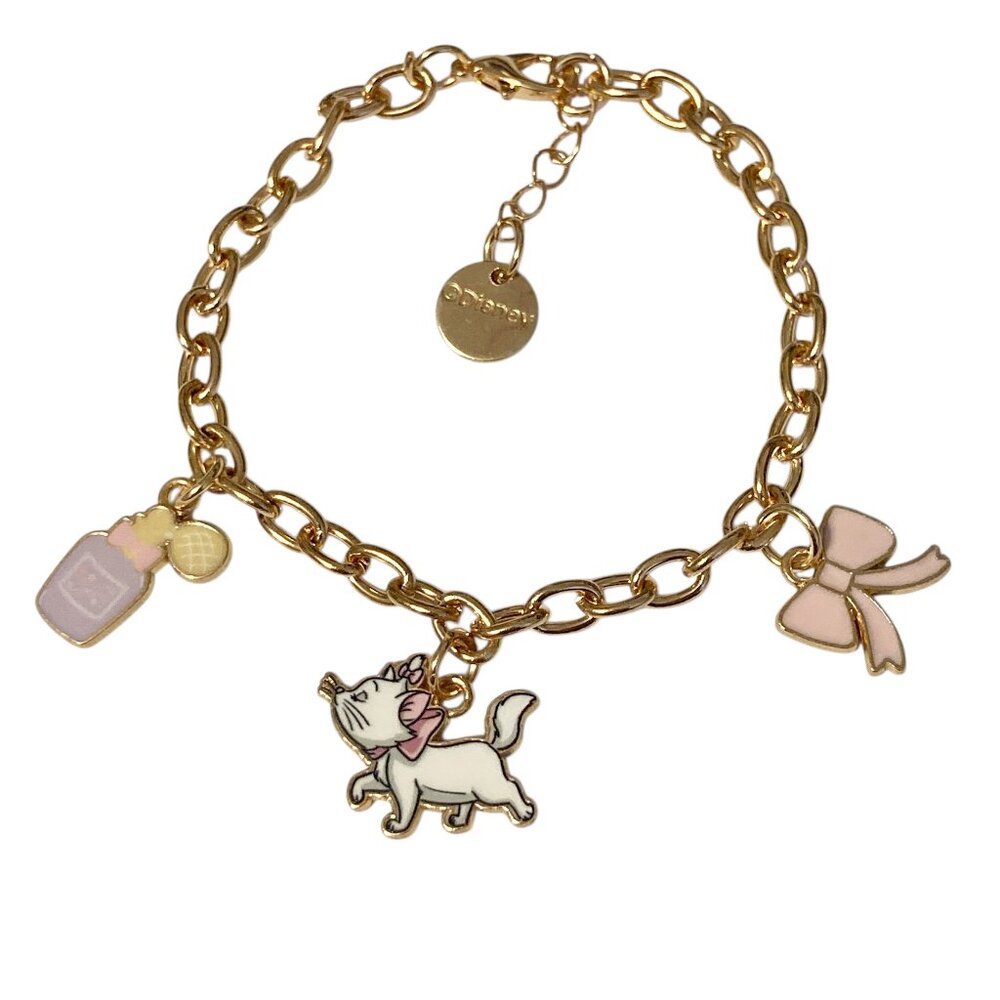 Disney Aristocats Marie Cat Charm Bracelet Pink Bow Signed 7-8" White Gold Tone